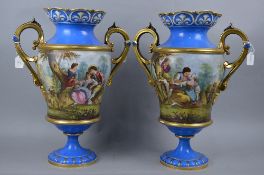 A PAIR OF 19TH CENTURY SEVRES TYPE TWIN HANDLED CABINET VASES, of baluster form, wavy rims above a