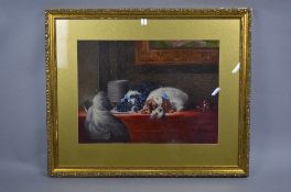 AFTER LANDSEER, H. JOHNSON, 'The Cavalier's Pets', mixed media, signed lower right, 29.5cm x 40cm,