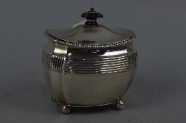 A LATE VICTORIAN SILVER SHAPED RECTANGULAR SUCRIER WITH HINGED SILVER COVER, ebony finial, gadrooned