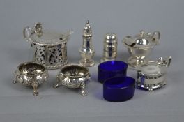 SEVEN ASSORTED SILVER CRUET ITEMS, including a late Victorian covered circular mustard, shell
