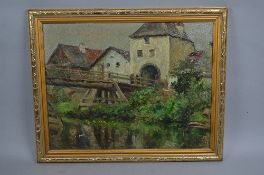 JULIUS SCHRAG (GERMAN 1864 - 1948), Figures on a wooden river bridge with buildings beyond, oil on
