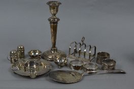 A GROUP LOT OF SILVER, including five various circular napkin rings, an Old English pattern