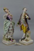 A PAIR OF LATE 19TH CENTURY CONTINENTAL PORCELAIN FIGURES OF AN 18TH CENTURY LADY AND GENTLEMAN,