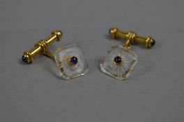 A PAIR OF LATE 20TH CENTURY DEAKIN & FRANCIS 18CT GOLD CARVED ROCK CRYSTAL AND SAPPHIRE CUFFLINKS,