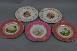 A PAIR OF LATE 19TH CENTURY DAVENPORT LONGPORT PORCELAIN PLATES, wavy circular form, pink and gilt