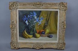ALTON ROWLAND LOWE (BAHAMAS B.1945-), still life of a vase of irises and gypsophilia, bananas,