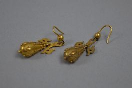 A PAIR OF VICTORIAN EAR PENDANTS, tapered pippin drops, decorated with applied bead and twist wire