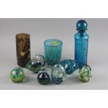 A GROUP OF MDINA GLASS, to include a blue ribbon trailed decanter, a tortoiseshell vase, a wavy
