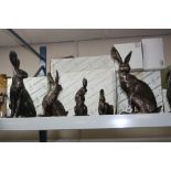 FIVE FRITH SCULPTURE BRONZED MODELS OF HARES, all with boxes, titles include Howard Hare (x2),