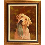 JOHN SILVER, an original oil on board of a Labrador, signed in pen, framed, approximately 43cm x