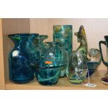 A GROUP OF MDINA GLASS, to include two blue vases with Maltese coins impressed into the shoulder and