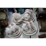 ROYAL ALBERT 'MOSS ROSE' TEAWARES, to include six trios, milk jug and sugar bowl (20)