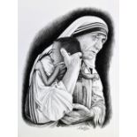 M. XAVIER RAJ, 'Mother Teresa', a black and white charcoal pencil drawing on paper, signed and dated