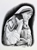 M. XAVIER RAJ, 'Mother Teresa', a black and white charcoal pencil drawing on paper, signed and dated