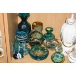 A GROUP OF MDINA GLASS, to include a blue goblet, a ribbon trailed bowl and a knot sculpture (10)