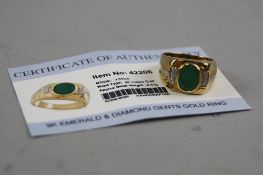 A 9CT EMERALD AND DIAMOND RING (with gems TV certificate), ring size S, approximate weight 6.5