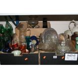 THREE BOXES OF GLASSWARE, including coloured moulded glass, glass ships in bottles, etc (three