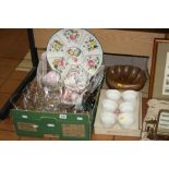 TWO BOXES CERAMICS, GLASS ETC, to include Paragon part teaset, Lladro duck etc