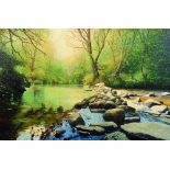 AN ORIGINAL OIL ON CANVAS, a river scene, initialled JKH, unframed, approximately 76cm x 50cm