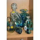 A GROUP OF MDINA GLASS, to include a tiger pattern side stripe vase, a white mottled decanter and