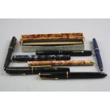 SEVEN VINTAGE FOUNTAIN PENS, including a boxed Parker Junior Duofold, with gold adomments on