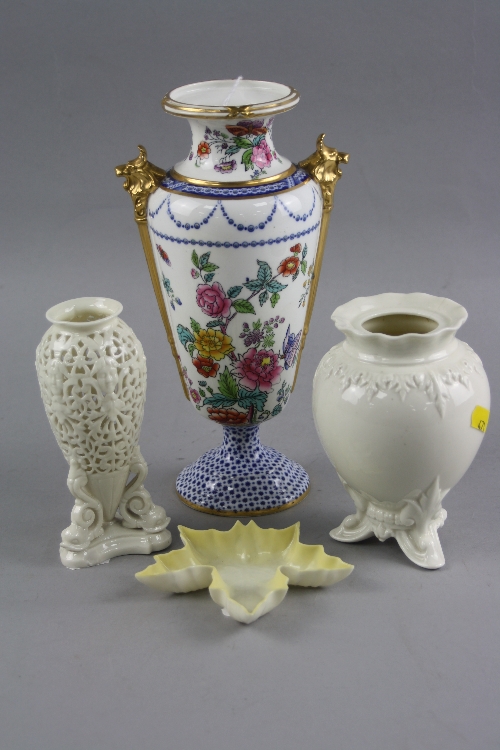 A SPODE COPELANDS CHINA VASE, with twin lion mask handles, decorated with flowers and insects,