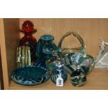 A GROUP OF MDINA GLASS, to include an orange ribbon trailed decanter, a small rounded perfume bottle