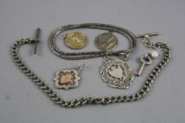 A BOX OF SILVER FOBS AND CHAINS ETC