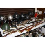 VARIOUS HISTORICAL RE-ENACTMENT HELMETS, WEAPONS, ETC, used as display items etc