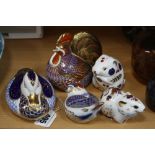 FIVE ROYAL CROWN DERBY PAPERWEIGHTS, to include Hen (gold stopper), Bank Vole (gold stopper),