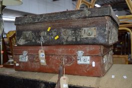 TWO LEATHER SUITCASES, a blanket box and an enamel bread bin (4)