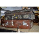 TWO LEATHER SUITCASES, a blanket box and an enamel bread bin (4)