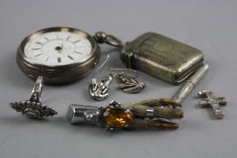 A MIXED BAG, to include silver pocket watch (s.d), Vesta, silver pins, pair of earings, cross,