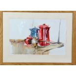 SUSAN SHAW, 'Blue and Red', an original still life watercolour, mounted and framed, signed by the