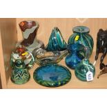 A GROUP OF MDINA GLASS, to include two earth tones examples, a conical paperweight and a perfume