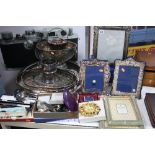 A LARGE COLLECTION OF PLATED WARE, including photo frames, flatware, bowls and trays etc