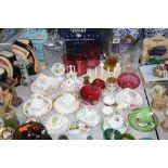 A GROUP OF CERAMICS AND GLASSWARES, to include cranberry coloured glass, Royal Crown Derby teawares,