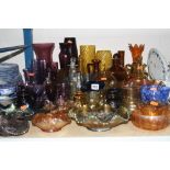 A COLLECTION OF VICTORIAN AND LATER COLOURED GLASSWARE, including Carnival glass, Jersey glass, etc