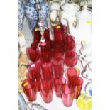 VARIOUS CRANBERRY COLOURED GLASSES, BELLS ETC