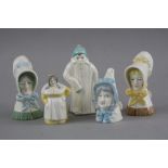 FIVE ROYAL WORCESTER CANDLE SNUFFERS, 'Toddie', 'French Cook', 'Mrs Caudle', 'Young Girl' and 'Old