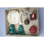 A MIXED LOT, to include a bone picture frame, travelling inkwell, Malachite dish and beads, etc