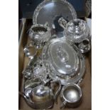A BOX OF MIXED PLATED WARE, including tea sets, etc