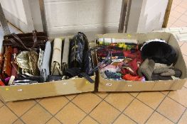 TWO BOXES OF SCARVES, HATS, GLOVES, HANDBAGS, BELTS ETC