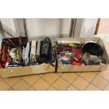 TWO BOXES OF SCARVES, HATS, GLOVES, HANDBAGS, BELTS ETC