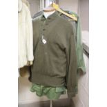 SEVEN ITEMS OF WWII ERA MILITARY UNIFORMS, to include shirts, sweater, trousers, smock top etc (