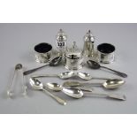 A MIXED LOT OF SILVER, to include five piece cruet set, Gin, Brandy and Sherry labels, various mixed