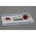 A 18CT RUBY AND DIAMOND RING (with gems TV certificate), ring size R, approximate weight 5.6 grams