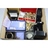 A BOX OF MIXED COSTUME JEWELLERY, etc