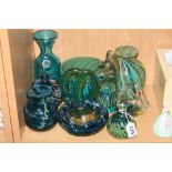 A GROUP OF MDINA GLASS, to include a carafe with impressed Mdina logo, a knot sculpture and a ribbon