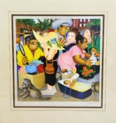 AFTER BERYL COOK, 'Dining Out', a signed print, mounted and framed, approximately 39cm x 38cm